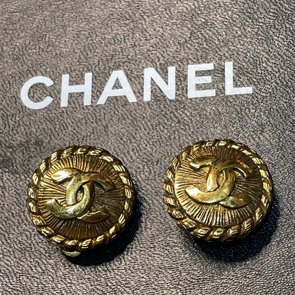 Chanel Gold Tone Button Earrings W/COA - Picture 1 of 5